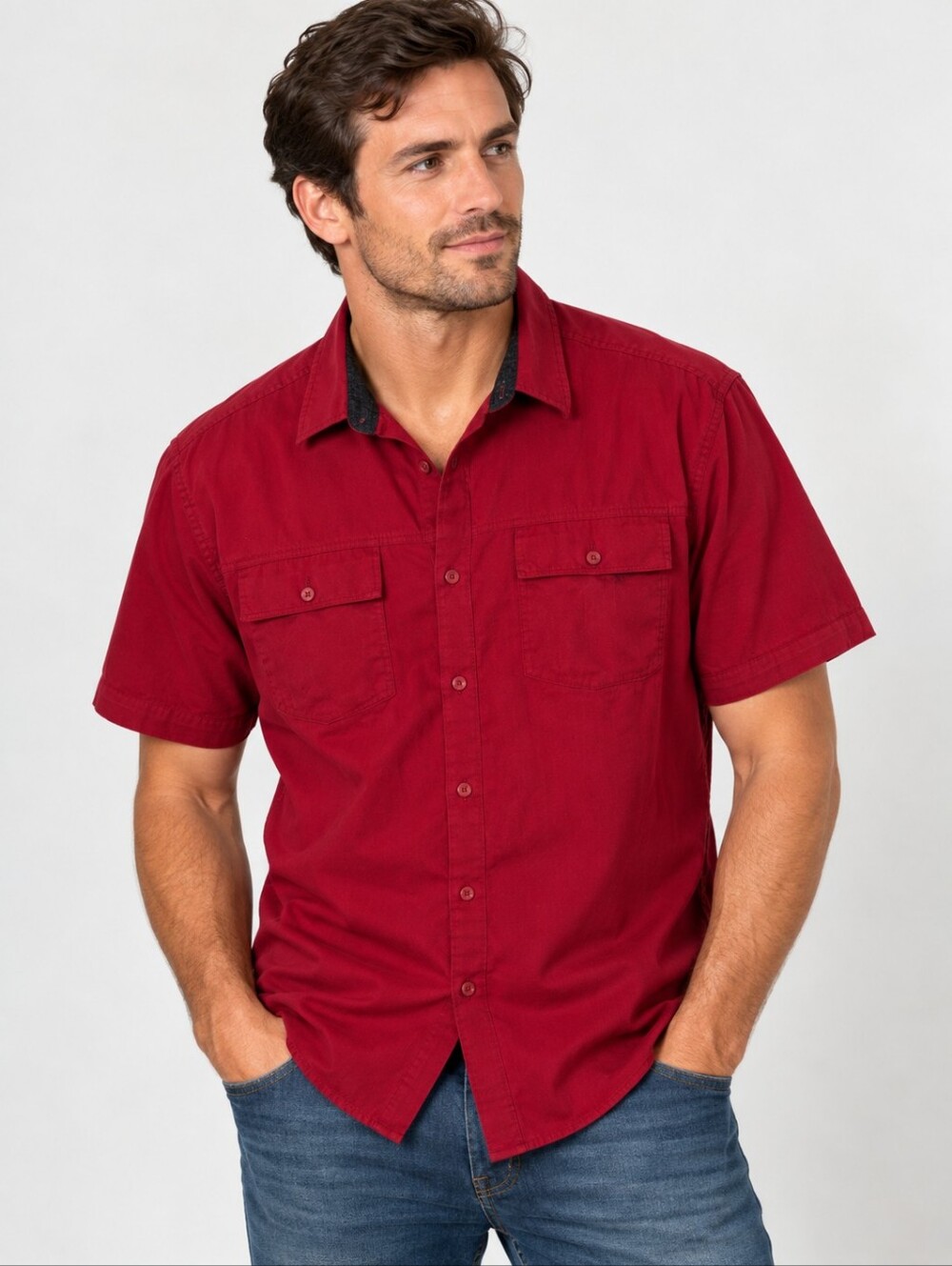 Guess Men’s Red Short Sleeve Button-Up Shirt Utility Casual Lightweight Modern X